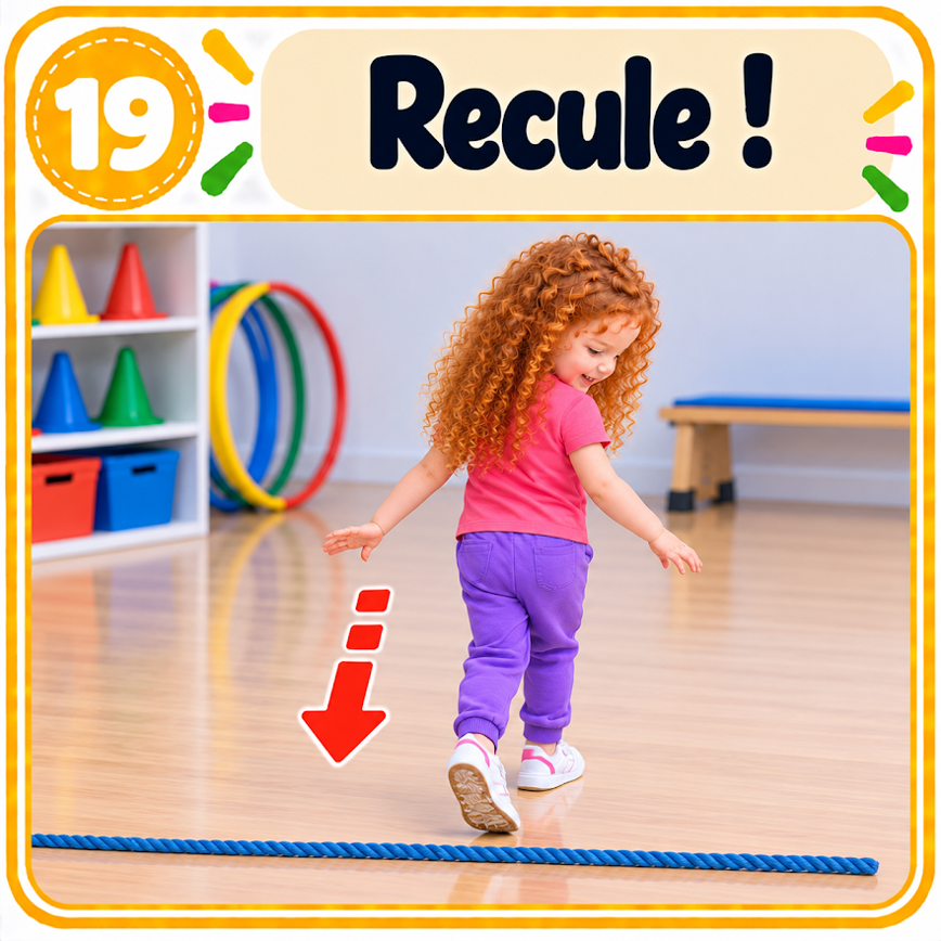 Carte exercice 19 : l’enfant recule en suivant une consigne illustrée