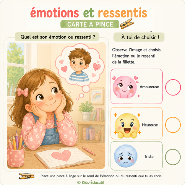 Carte à pince PDF pour identifier les émotions amoureuse, heureuse et triste