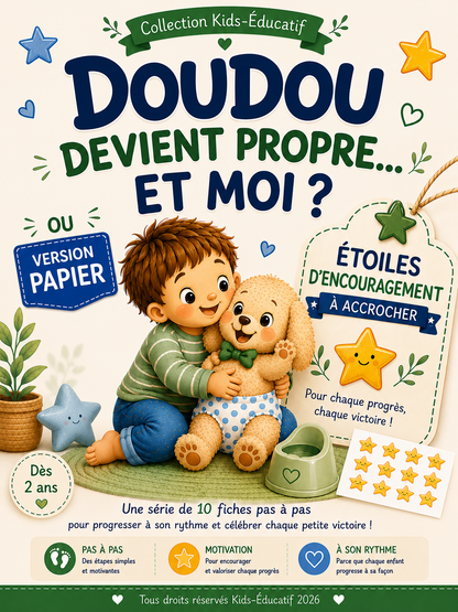 Doudou devient propre… et moi ? – Kit 10 fiches plastifiées + 45 étoiles scratch