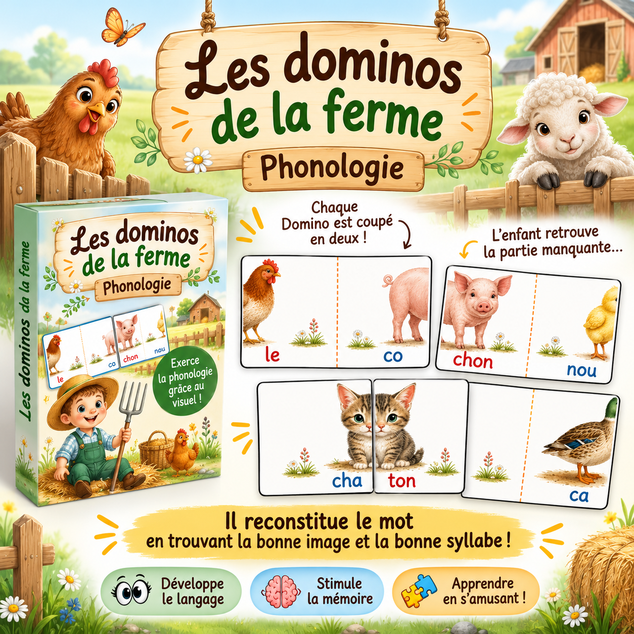 Domino Phono de la Ferme – Écriture Cursive (Grande Section)