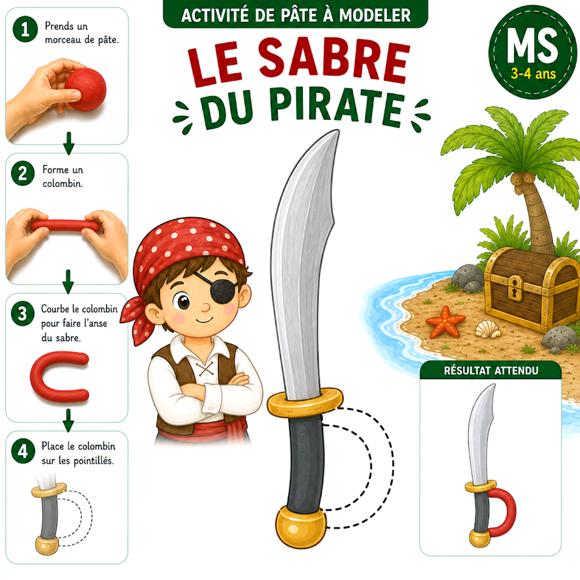 Carte MS : compléter l'anse du sabre du pirate en pâte à modeler