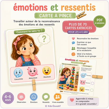 Jeu PDF de plus de 70 cartes à pince pour reconnaître les émotions et les ressentis, de 4 à 6 ans