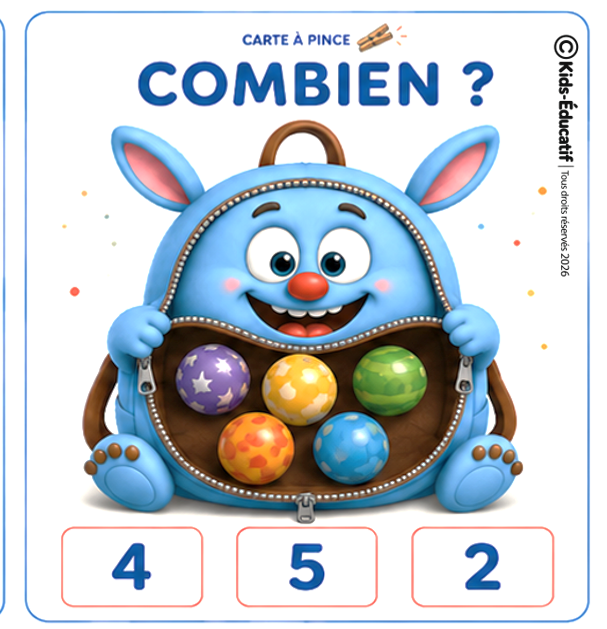 Carte à pince de numération maternelle avec des quantités à compter