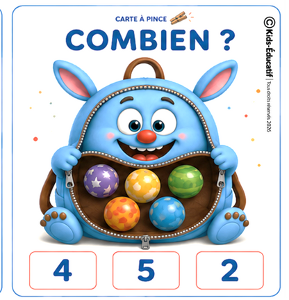 Carte à pince de numération maternelle avec des quantités à compter