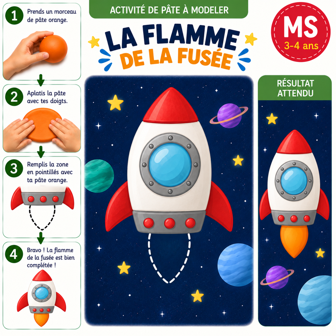 Fiche d'activité de pâte à modeler : compléter la flamme d'une fusée, niveau MS 3-4 ans