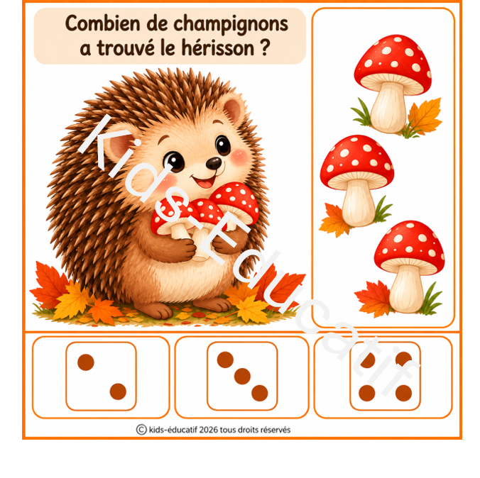 Exercice de numération autour des champignons pour enfants de maternelle