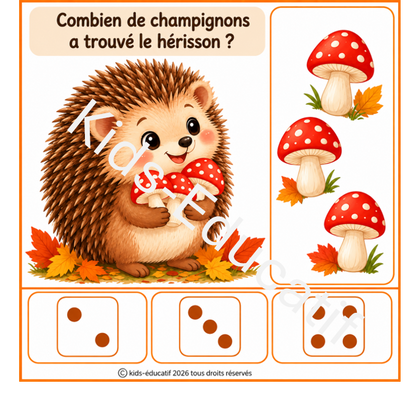 Exercice de numération autour des champignons pour enfants de maternelle