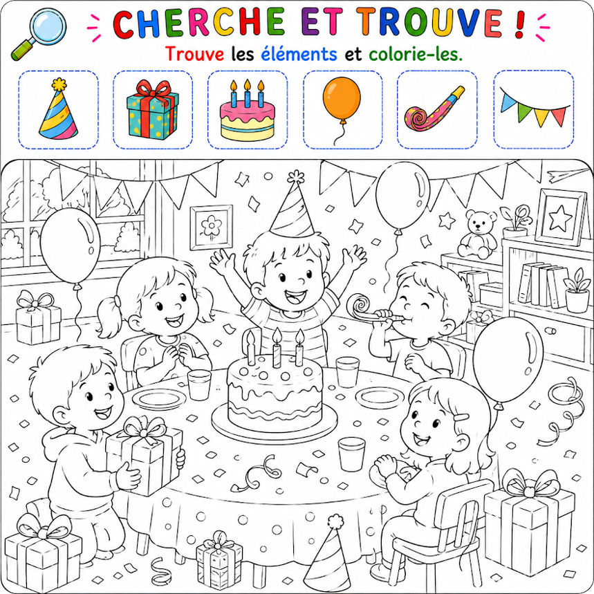 Carte Cherche et trouve à imprimer sur le thème de la fête d’anniversaire