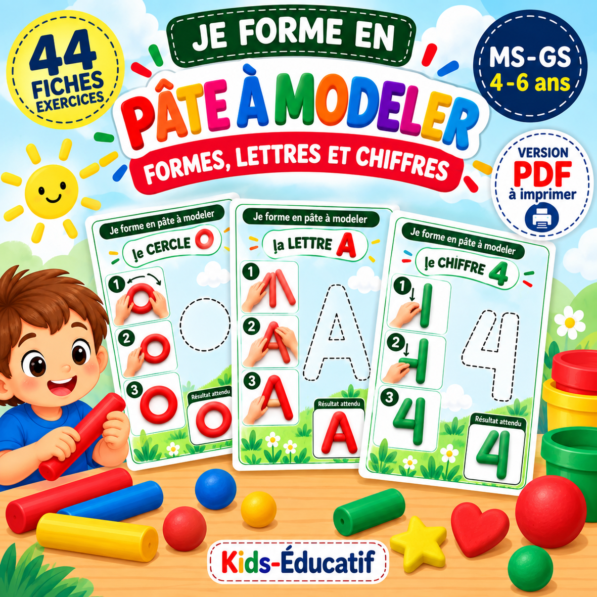 Couverture : 44 fiches pâte à modeler formes, lettres et chiffres, exemples cercle, lettre A et chiffre 4, MS-GS 4-6 ans, version PDF