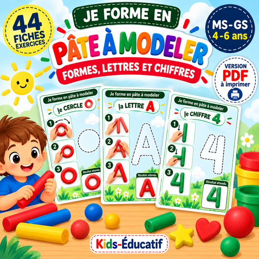 Couverture : 44 fiches pâte à modeler formes, lettres et chiffres, exemples cercle, lettre A et chiffre 4, MS-GS 4-6 ans, version PDF