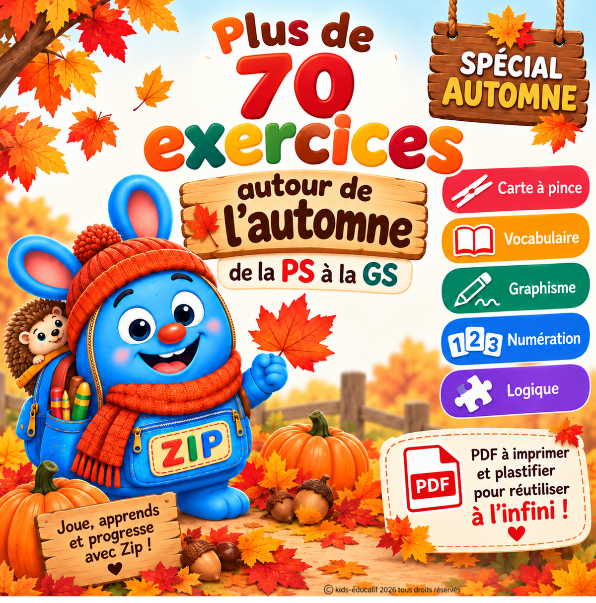 Couverture du PDF de plus de 70 exercices autour de l’automne pour la maternelle