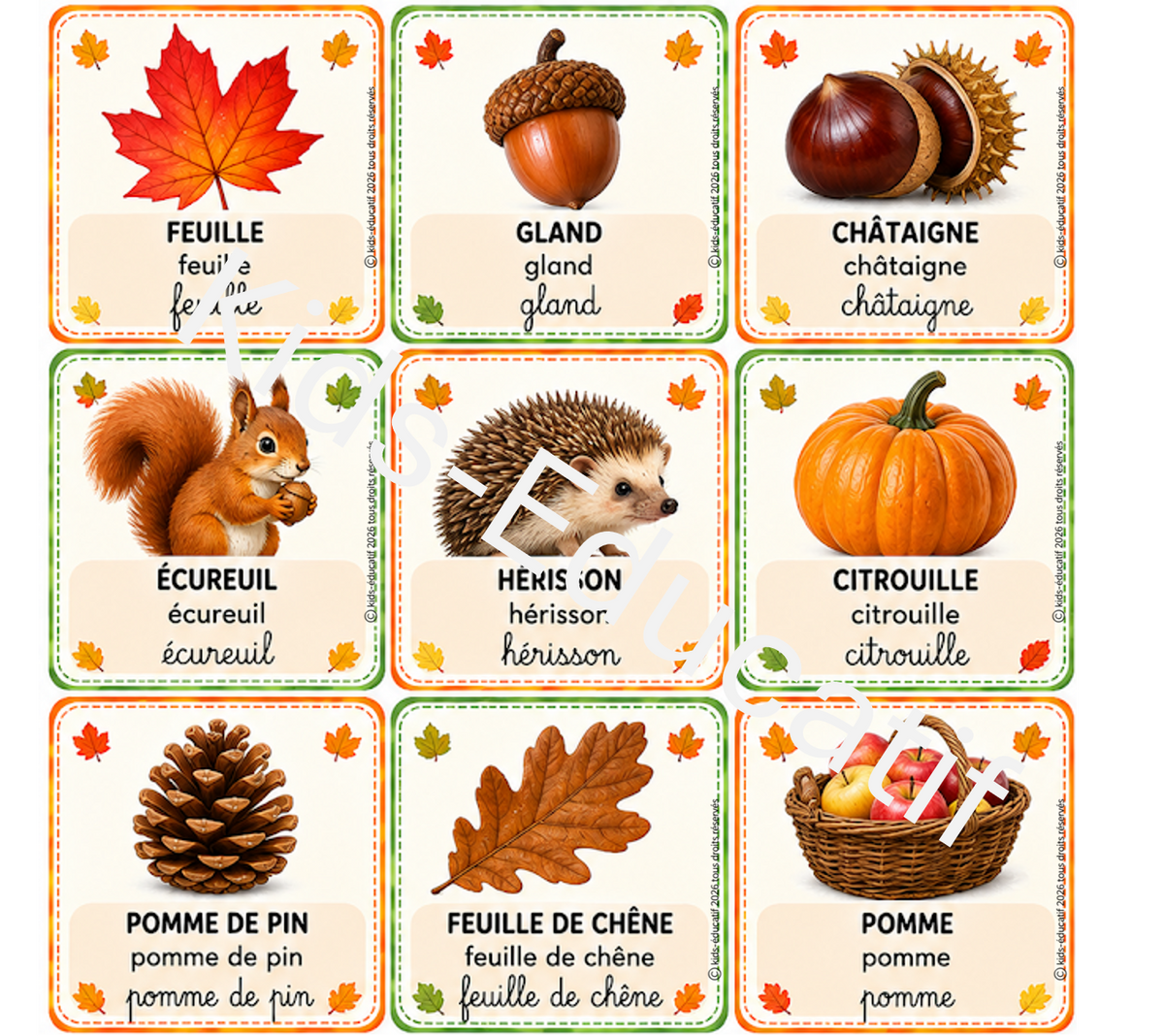 Cartes de vocabulaire de l’automne pour enfants de maternelle