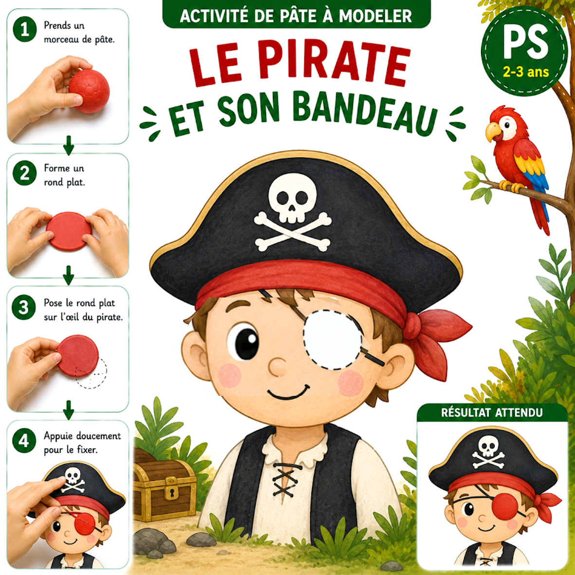 Carte PS : compléter le bandeau du pirate en pâte à modeler