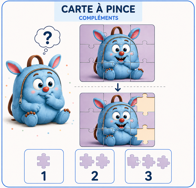 Carte à pince de numération maternelle sur les compléments et les pièces de puzzle