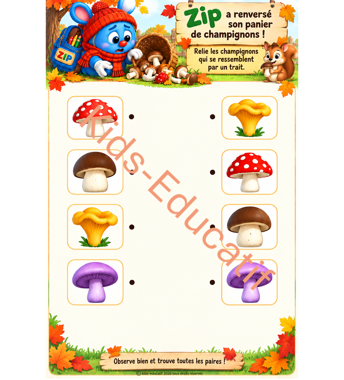 Exercice de logique sur les paires de champignons pour enfants de maternelle
