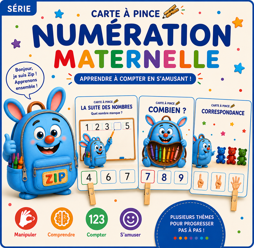 Couverture du PDF de plus de 100 cartes à pinces sur la numération en maternelle