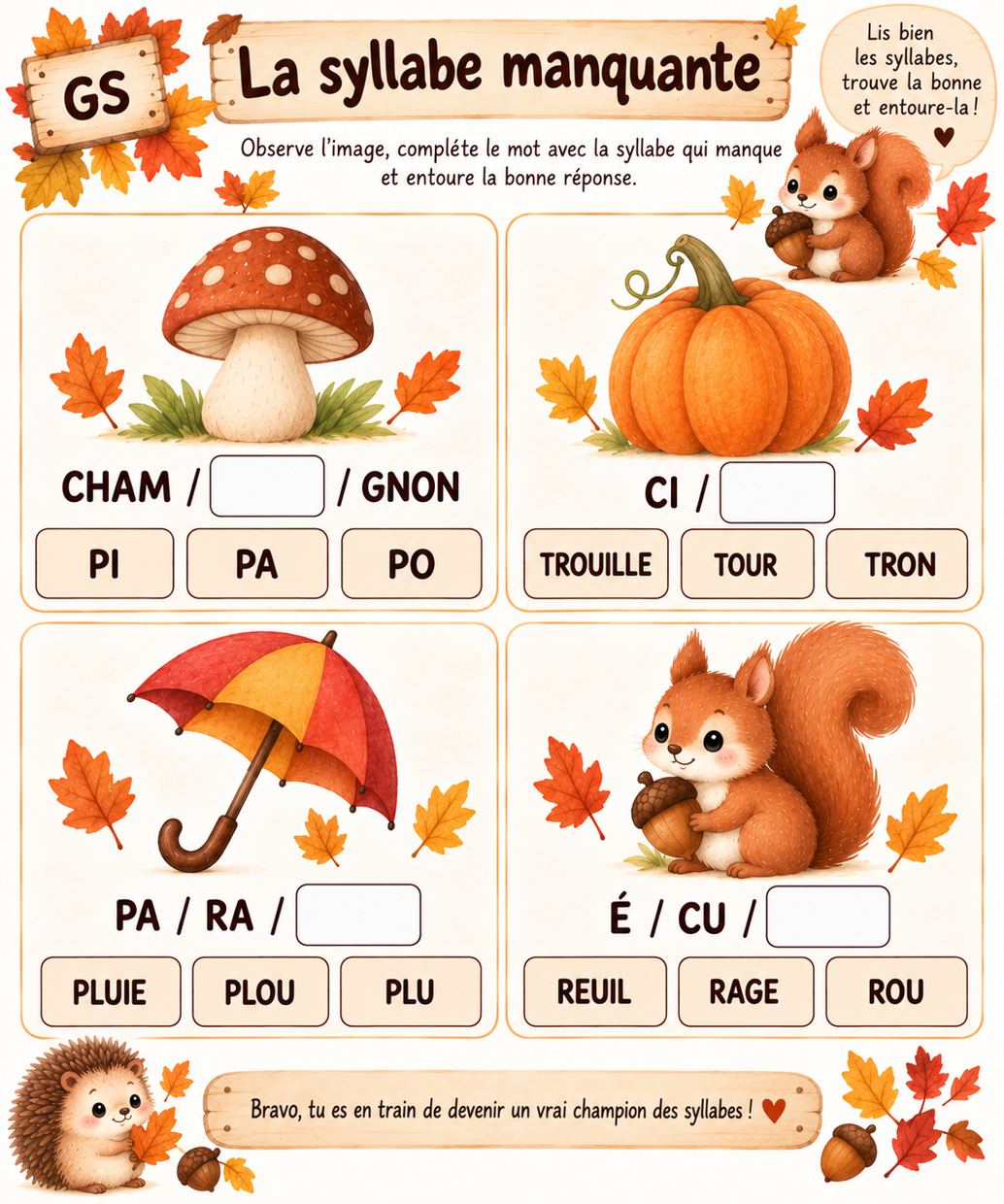 Exercice de phonologie sur la syllabe manquante pour enfants de Grande Section