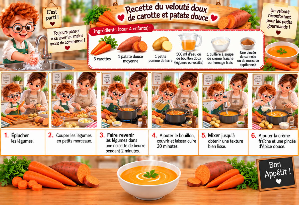 Recette illustrée pour enfants du velouté de carotte et patate douce, avec ingrédients et six étapes