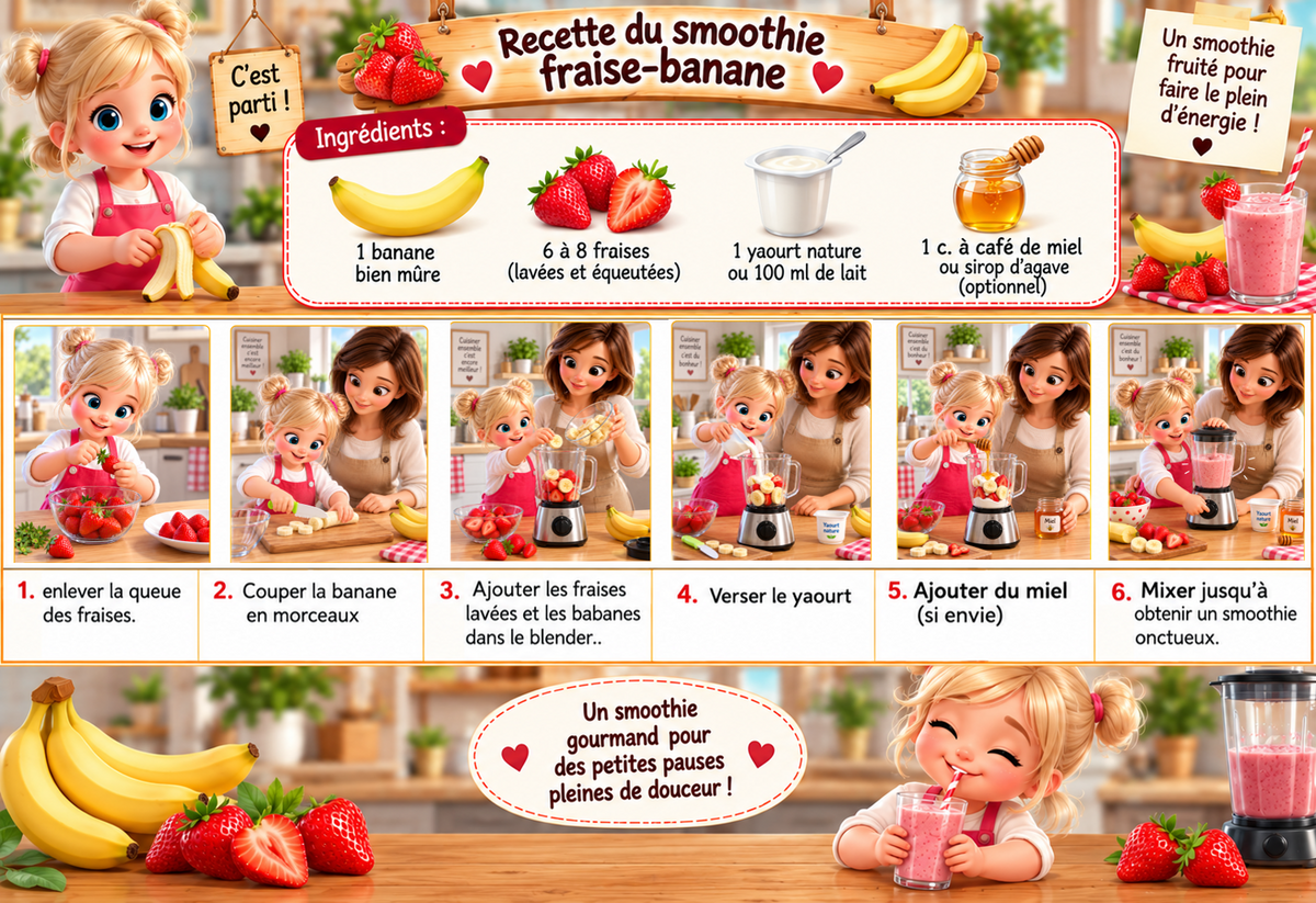Recette illustrée pour enfants du smoothie fraise-banane, avec ingrédients et six étapes