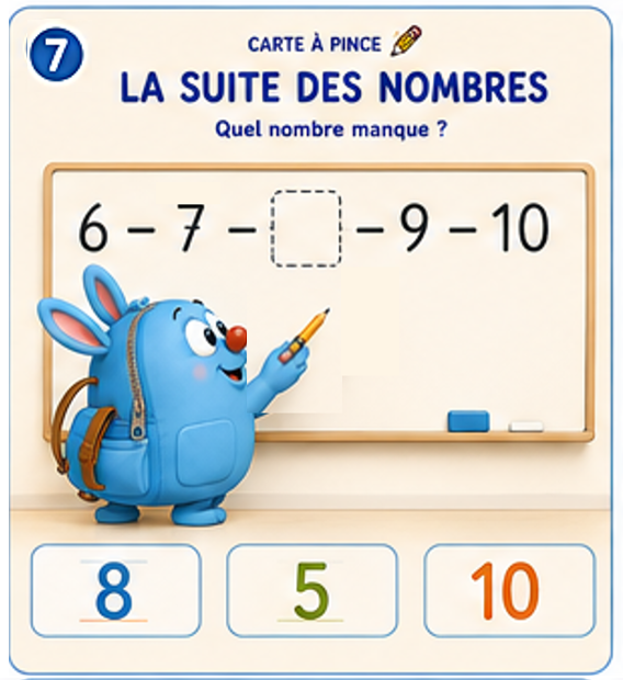 Carte à pince de numération maternelle sur la suite des nombres
