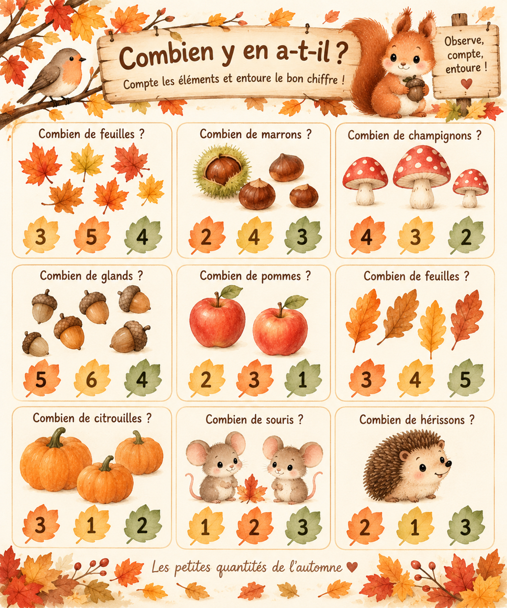 Exercice de numération pour enfants de Grande Section sur le thème de l’automne