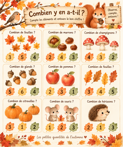 Exercice de numération pour enfants de Grande Section sur le thème de l’automne