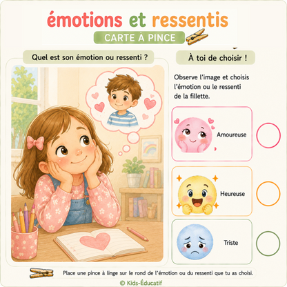 Carte à pince PDF pour identifier les émotions amoureuse, heureuse et triste