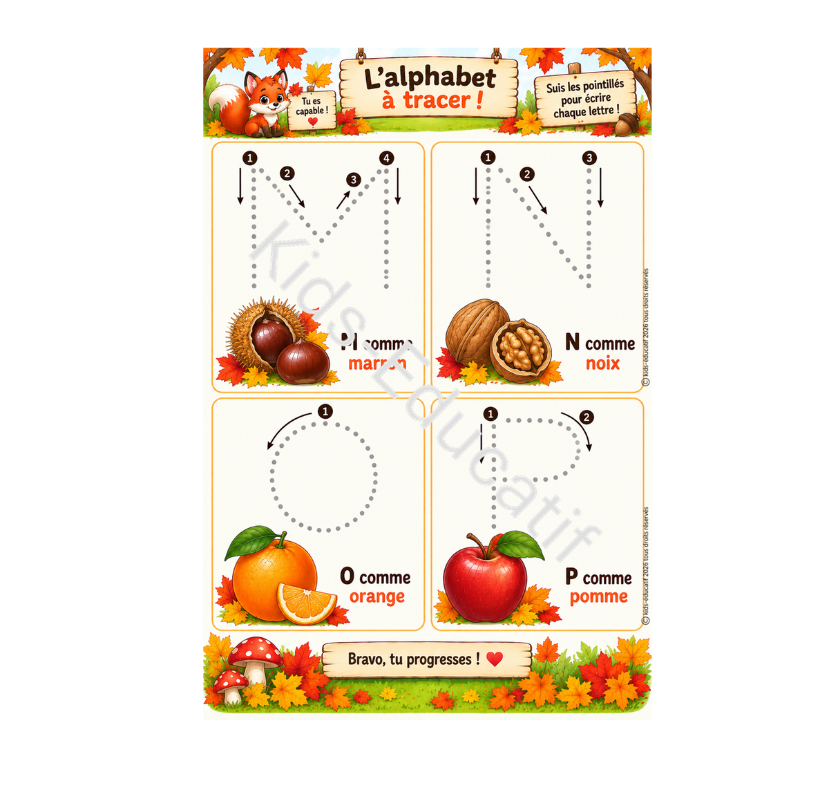 Exercice de graphisme pour tracer les lettres sur le thème de l’automne