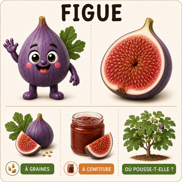 Carte à mot - La figue : à graines, à confiture, où pousse-t-elle ?