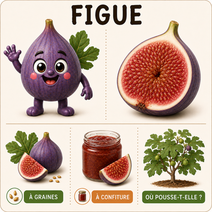 Carte à mot - La figue : à graines, à confiture, où pousse-t-elle ?