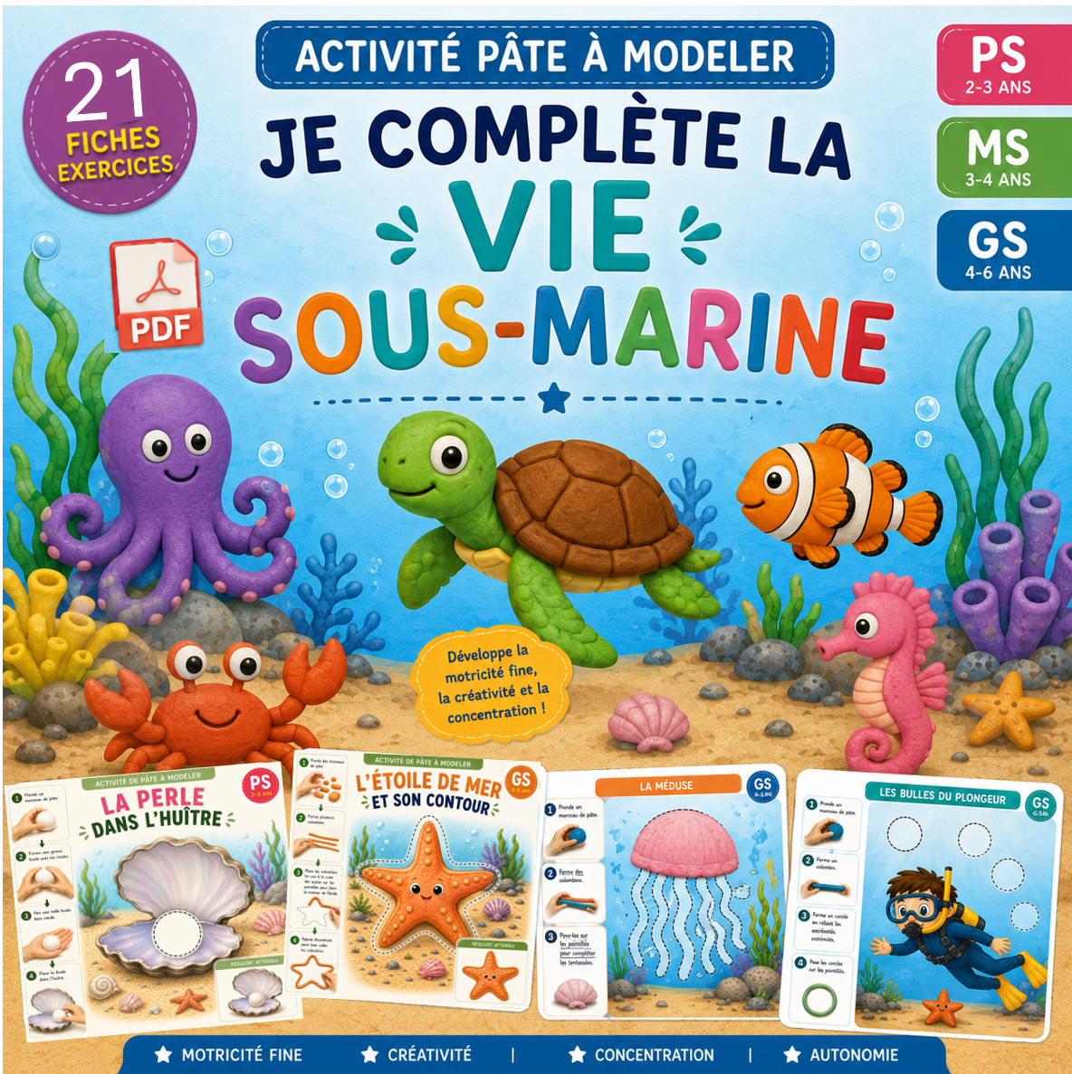 Je Complète la Vie Sous-Marine en Pâte à Modeler - 21 fiches PDF PS à GS