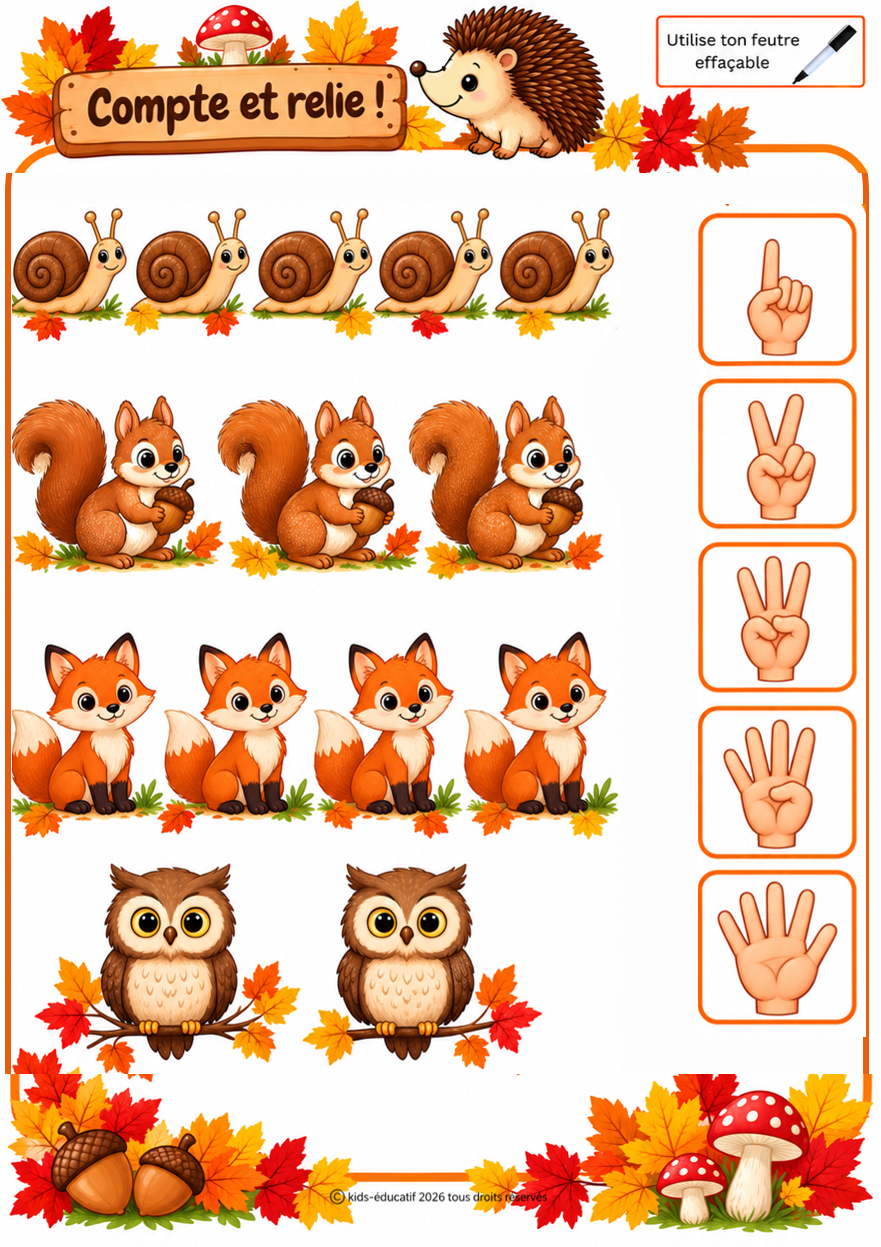 Exercice de comptage et de correspondance sur le thème de l’automne