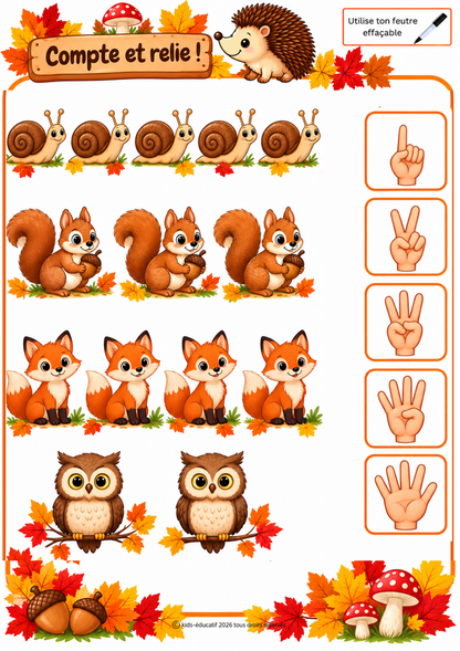 Exercice de comptage et de correspondance sur le thème de l’automne