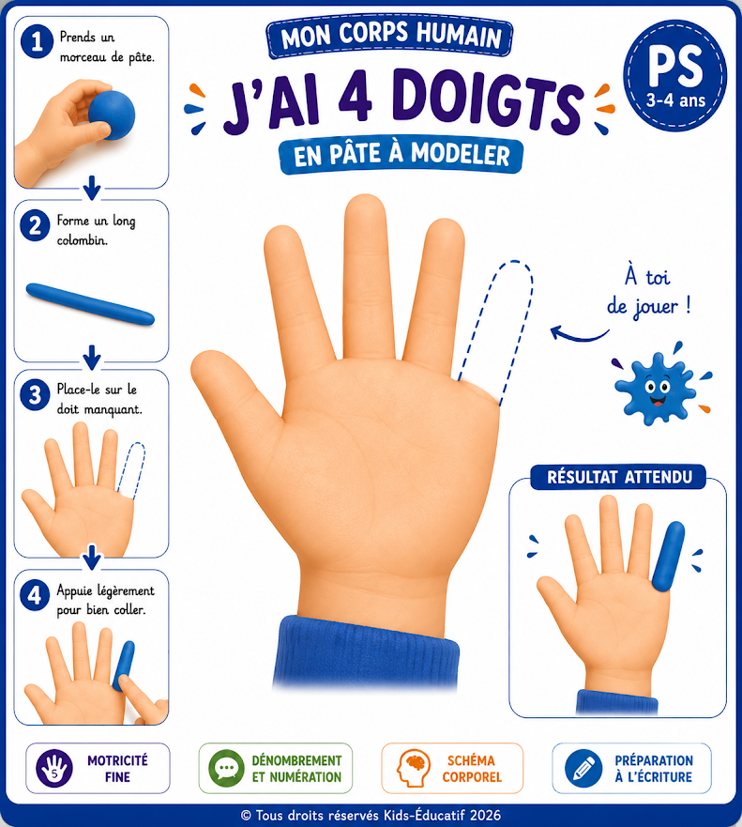 J'ai 4 doigts - carte pâte à modeler corps humain PS 3-4 ans