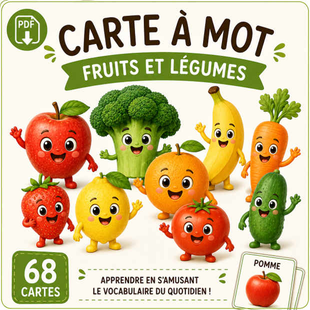 Carte à mot fruits et légumes - 68 cartes PDF