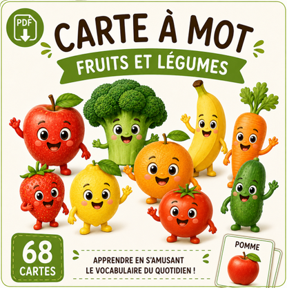 Carte à mot fruits et légumes - 68 cartes PDF